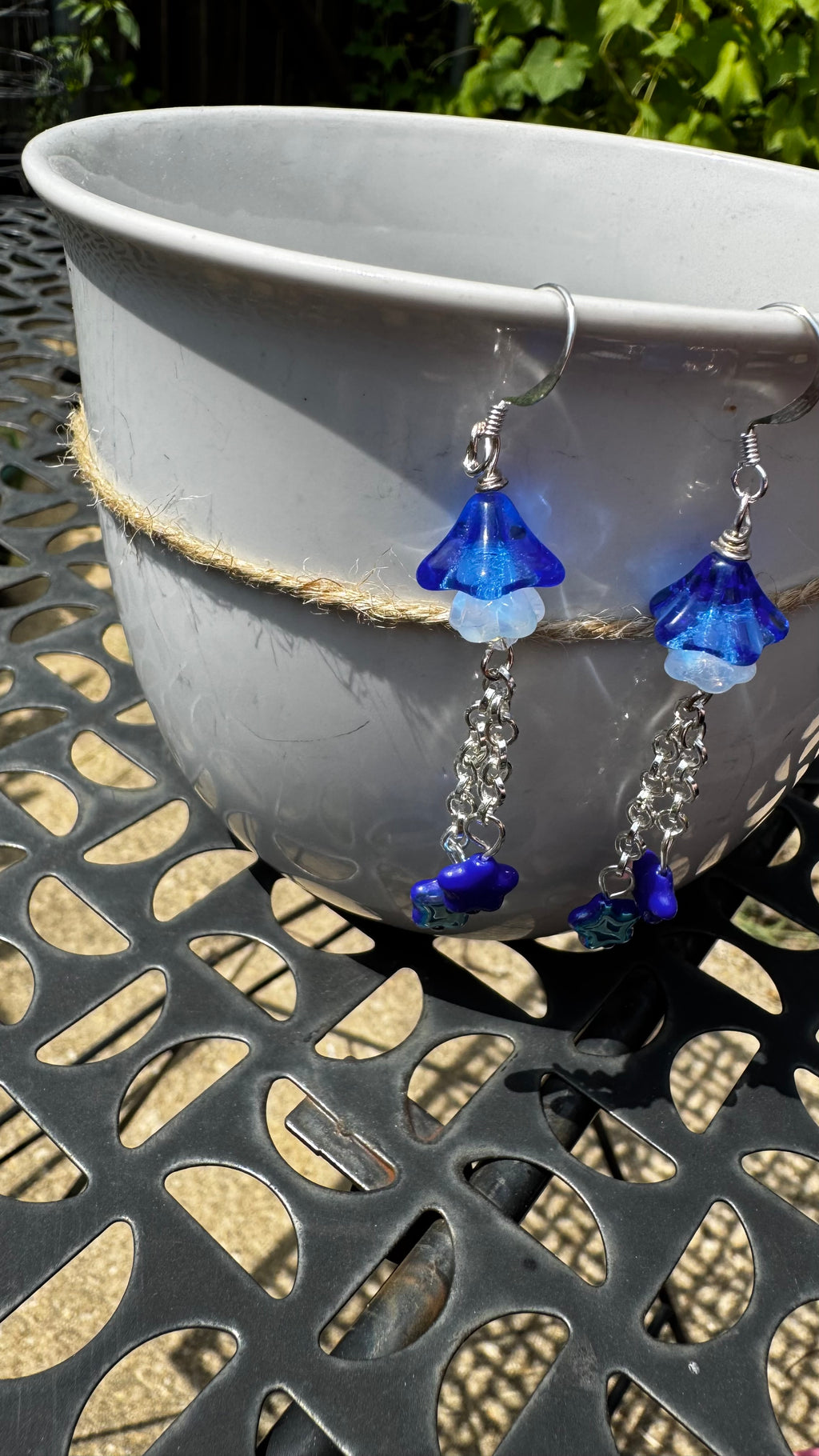 Czech Glass Cobalt Blue Bellflower Earrings – Handmade Floral Star Dangle Earrings | Celestial Nature-Inspired Gift for Her