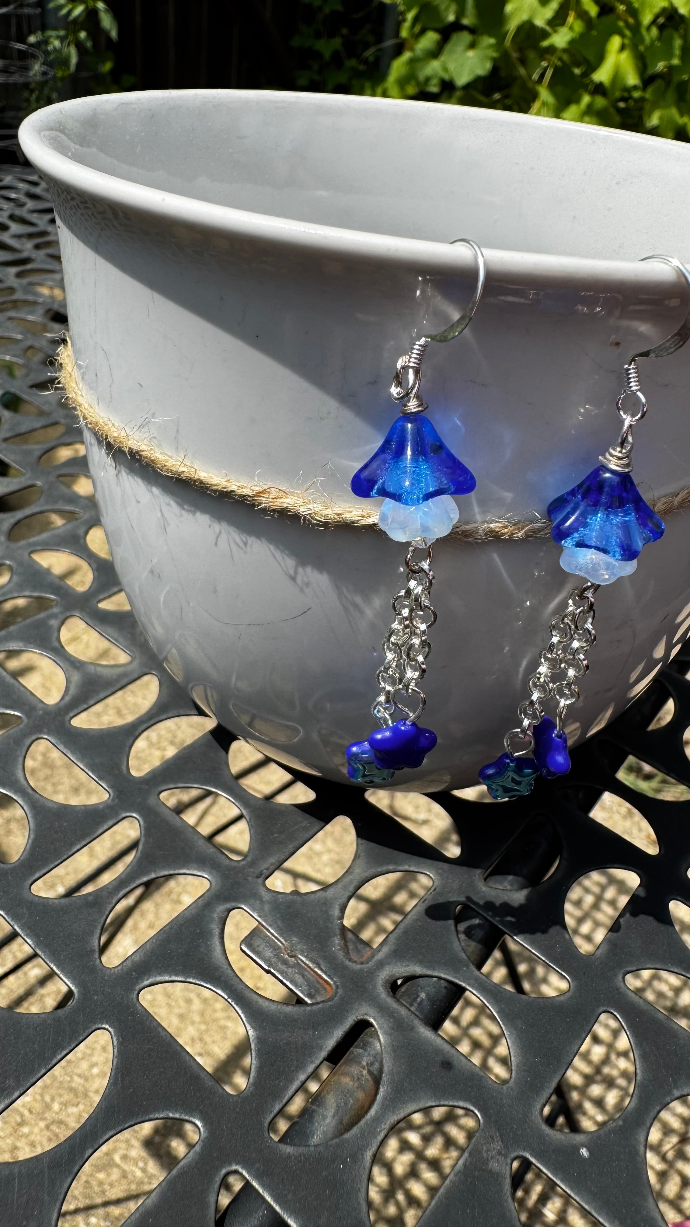 Czech Glass Cobalt Blue Bellflower Earrings – Handmade Floral Star Dangle Earrings | Celestial Nature-Inspired Gift for Her