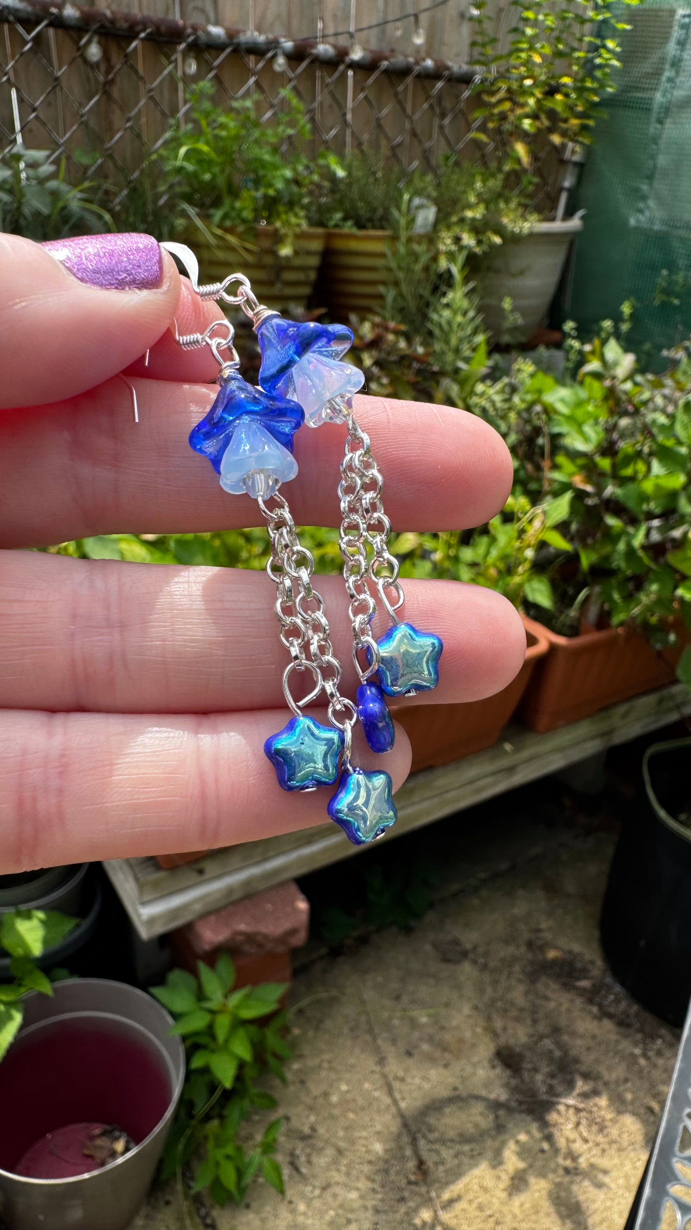 Czech Glass Cobalt Blue Bellflower Earrings – Handmade Floral Star Dangle Earrings | Celestial Nature-Inspired Gift for Her