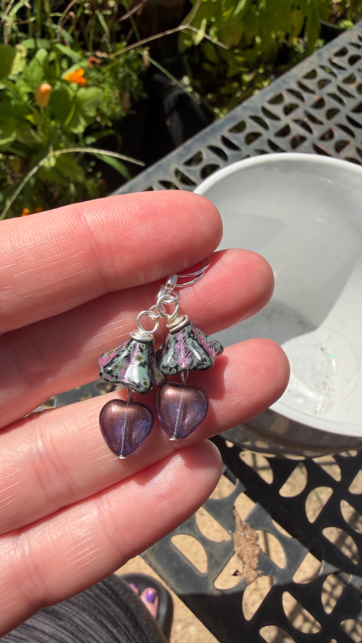 Purple Bellflower Heart Drops | Fuchsia Accent Czech Glass Dangle Earrings