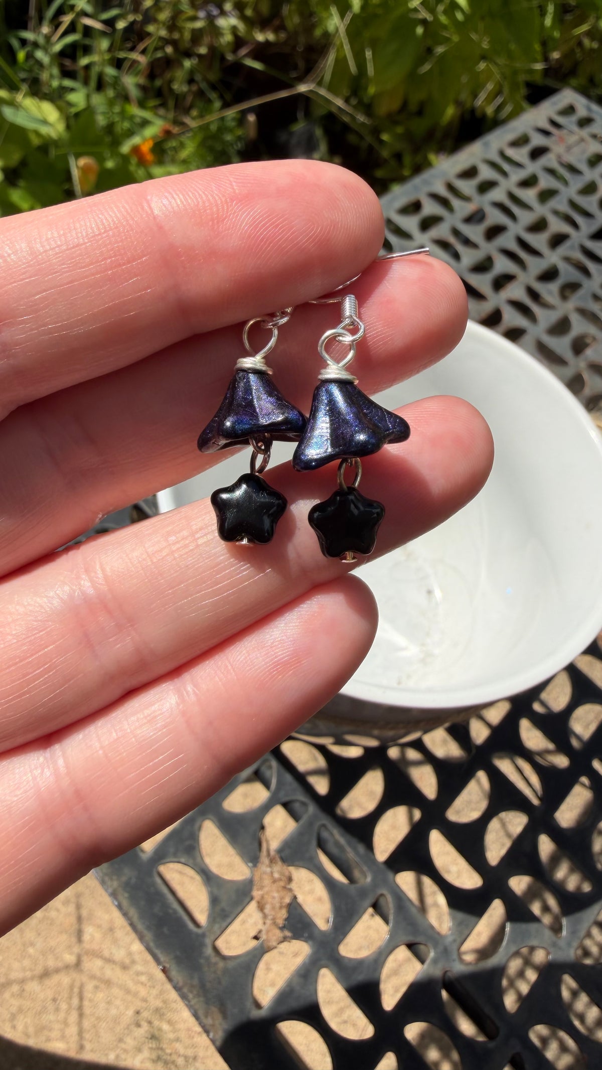 Midnight Blue Bellflower Drops | Jet Black AB Czech Glass Dangle Earrings