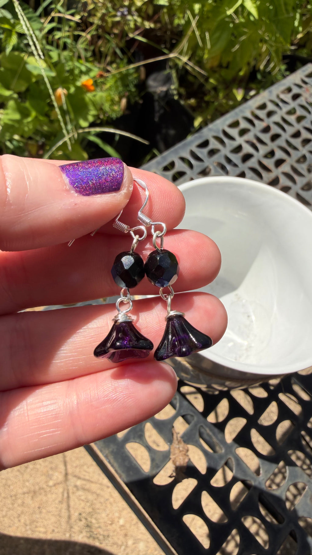 Purple Bellflower Drops | Jet Black AB Amethyst Czech Glass Dangle Earrings