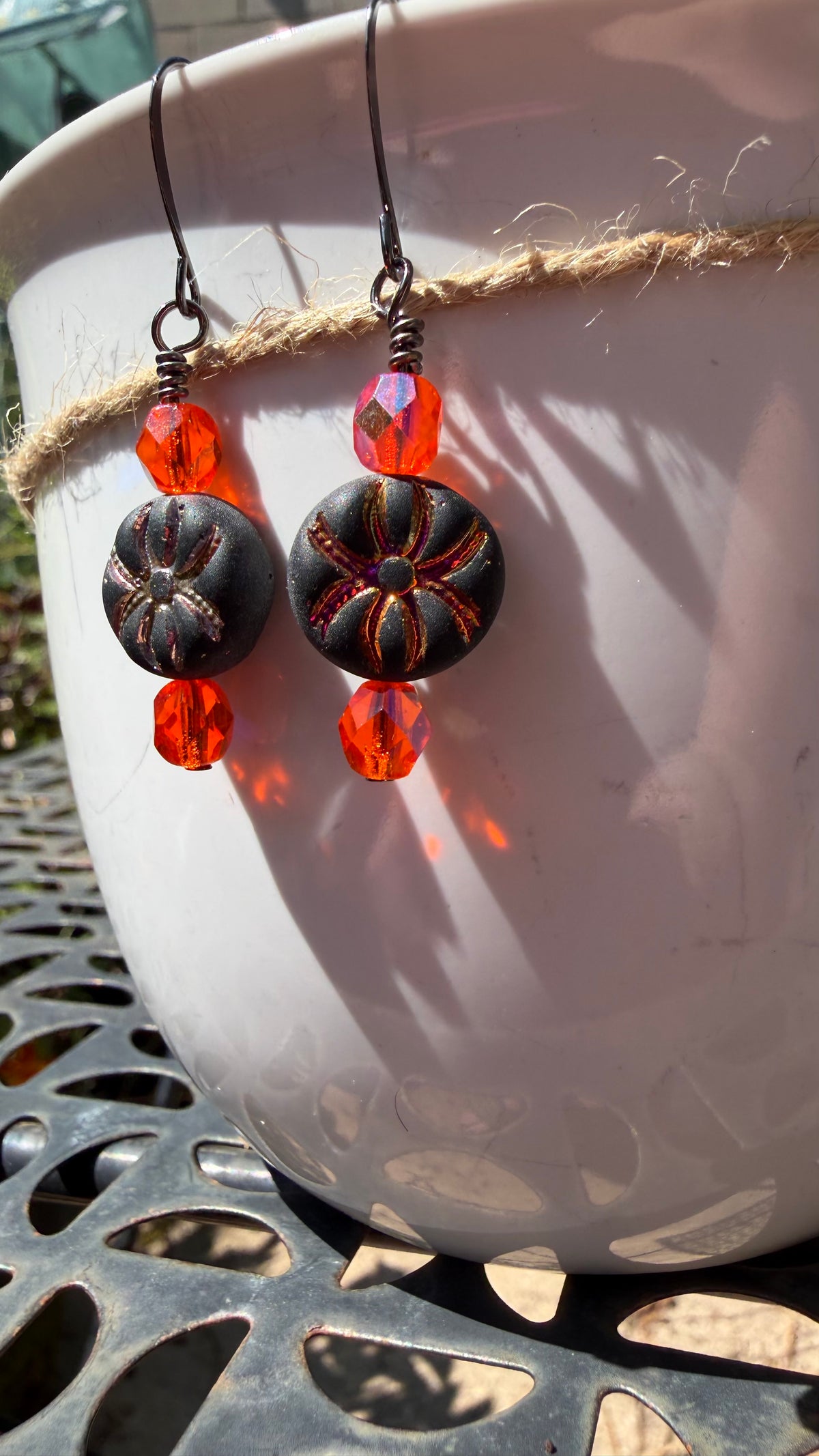 Gold Pink Rainbow Spider Earrings | Orange AB Czech Glass Dangles