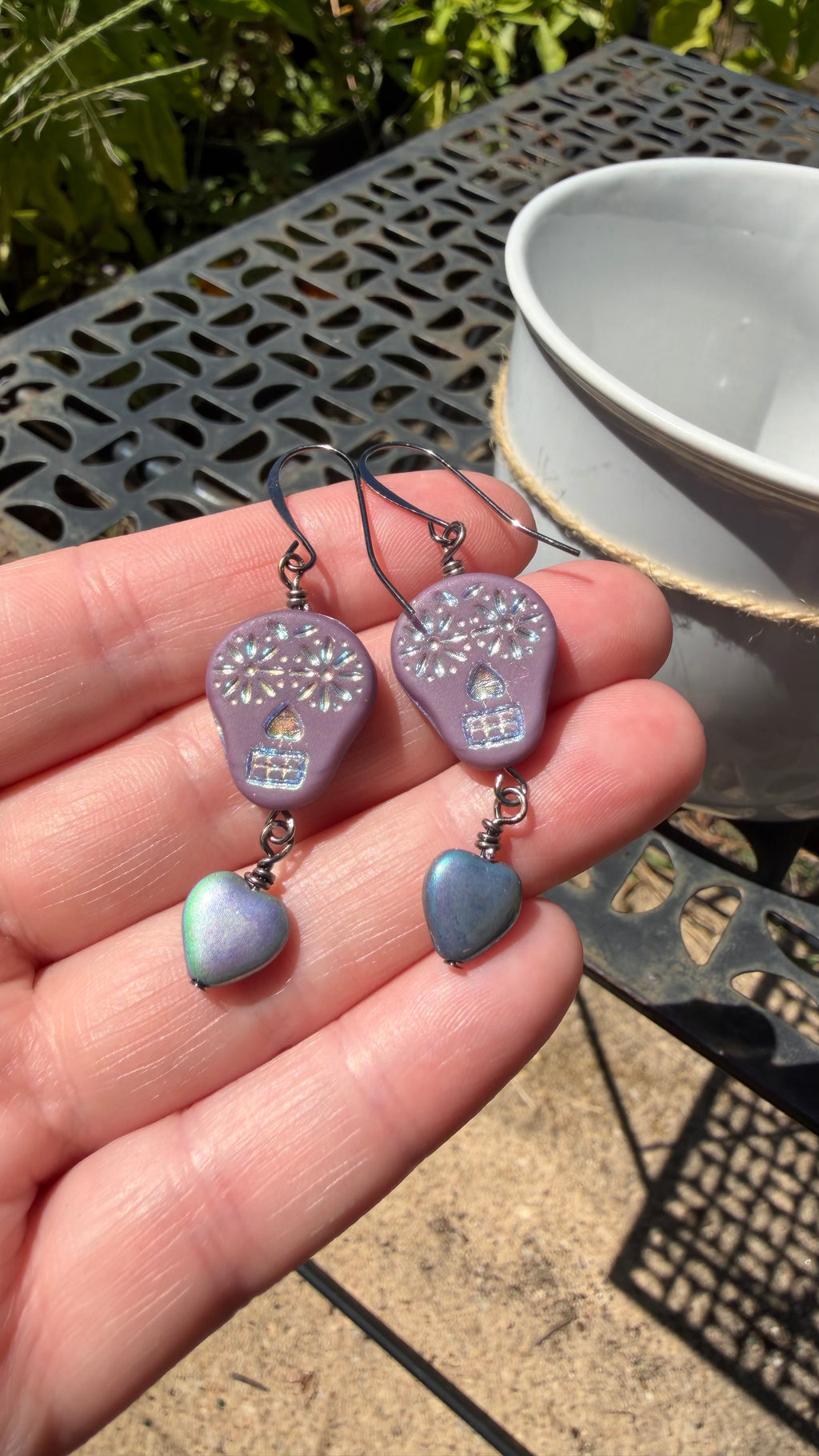 Purple Sugar Skull Heart Earrings