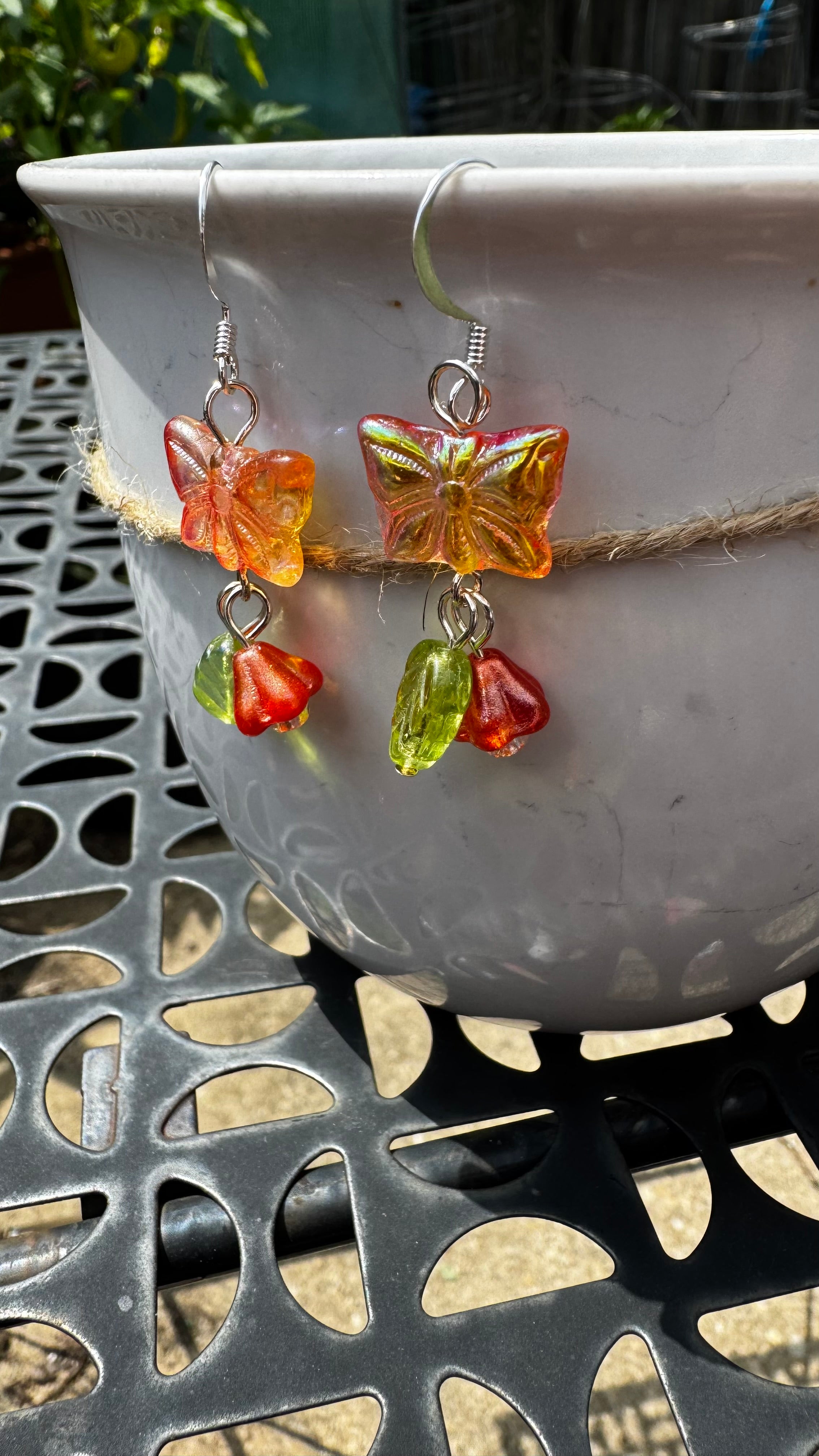 Orange Czech Glass Butterfly Earrings – Handmade Floral Dangle Earrings with Bell Flower Beads | Nature Inspired Jewelry Gift for Her