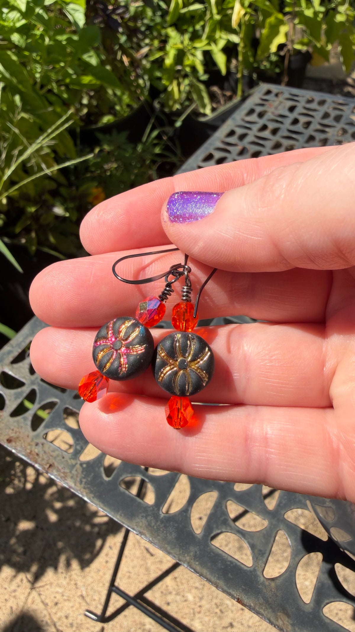 Gold Pink Rainbow Spider Earrings | Orange AB Czech Glass Dangles