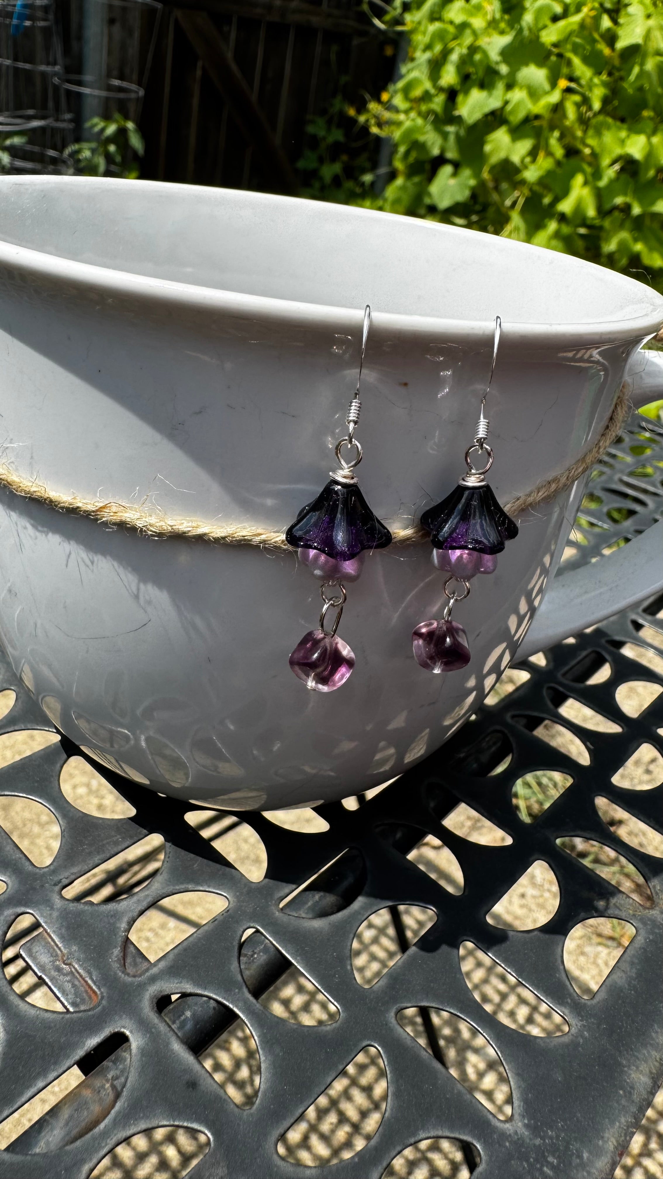 Purple Czech Glass Bell Flower Earrings – Handmade Silver Dangle with Rare Cube Beads | Boho Floral Gift for Her
