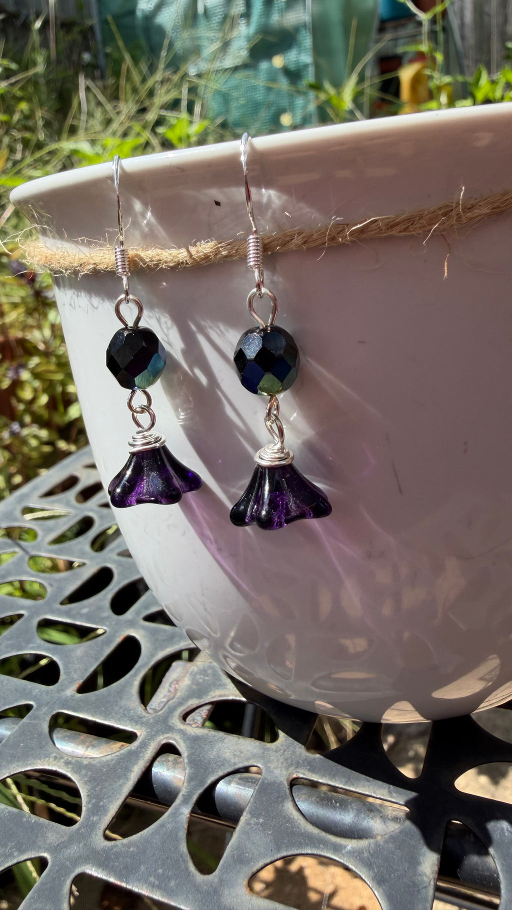 Purple Bellflower Drops | Jet Black AB Amethyst Czech Glass Dangle Earrings