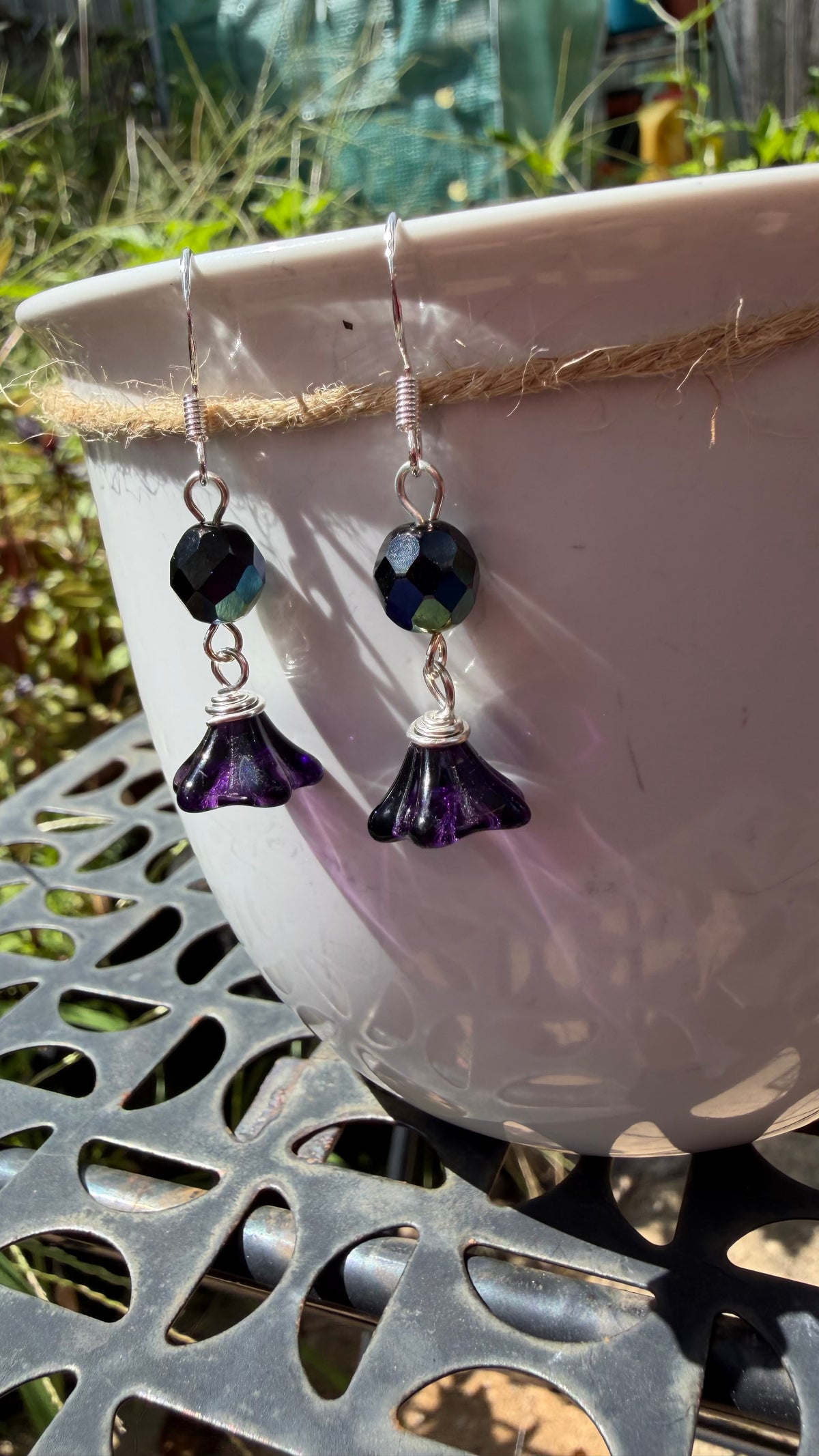 Purple Bellflower Drops | Jet Black AB Amethyst Czech Glass Dangle Earrings