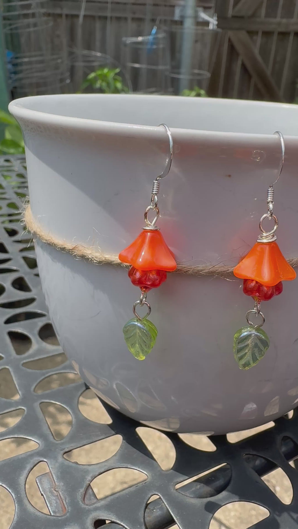 Orange Bellflower Earrings with Green Leaves – Handmade Czech Glass Dangle Earrings | Nature-Inspired Floral Gift for Her