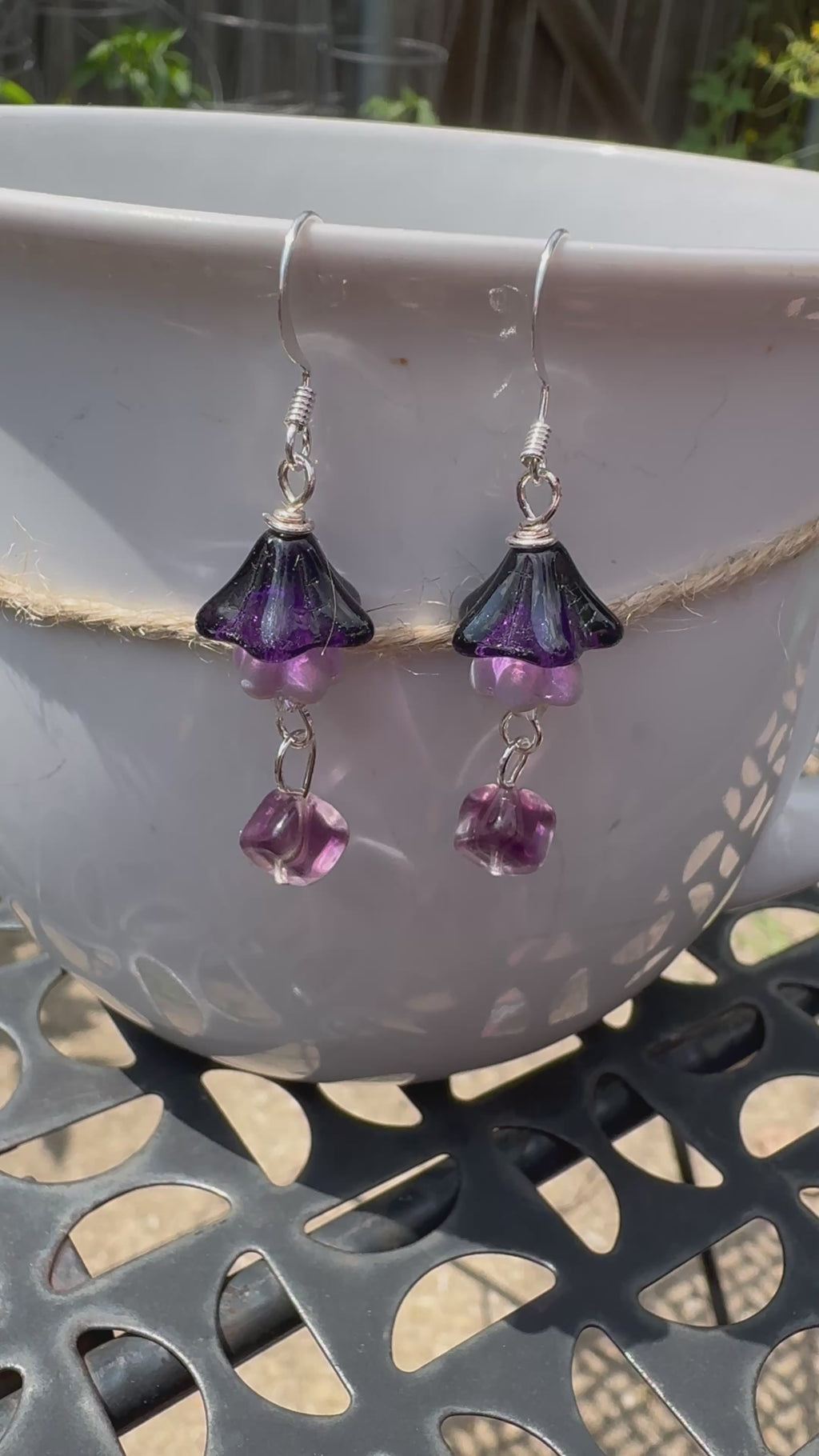 Purple Czech Glass Bell Flower Earrings – Handmade Silver Dangle with Rare Cube Beads | Boho Floral Gift for Her