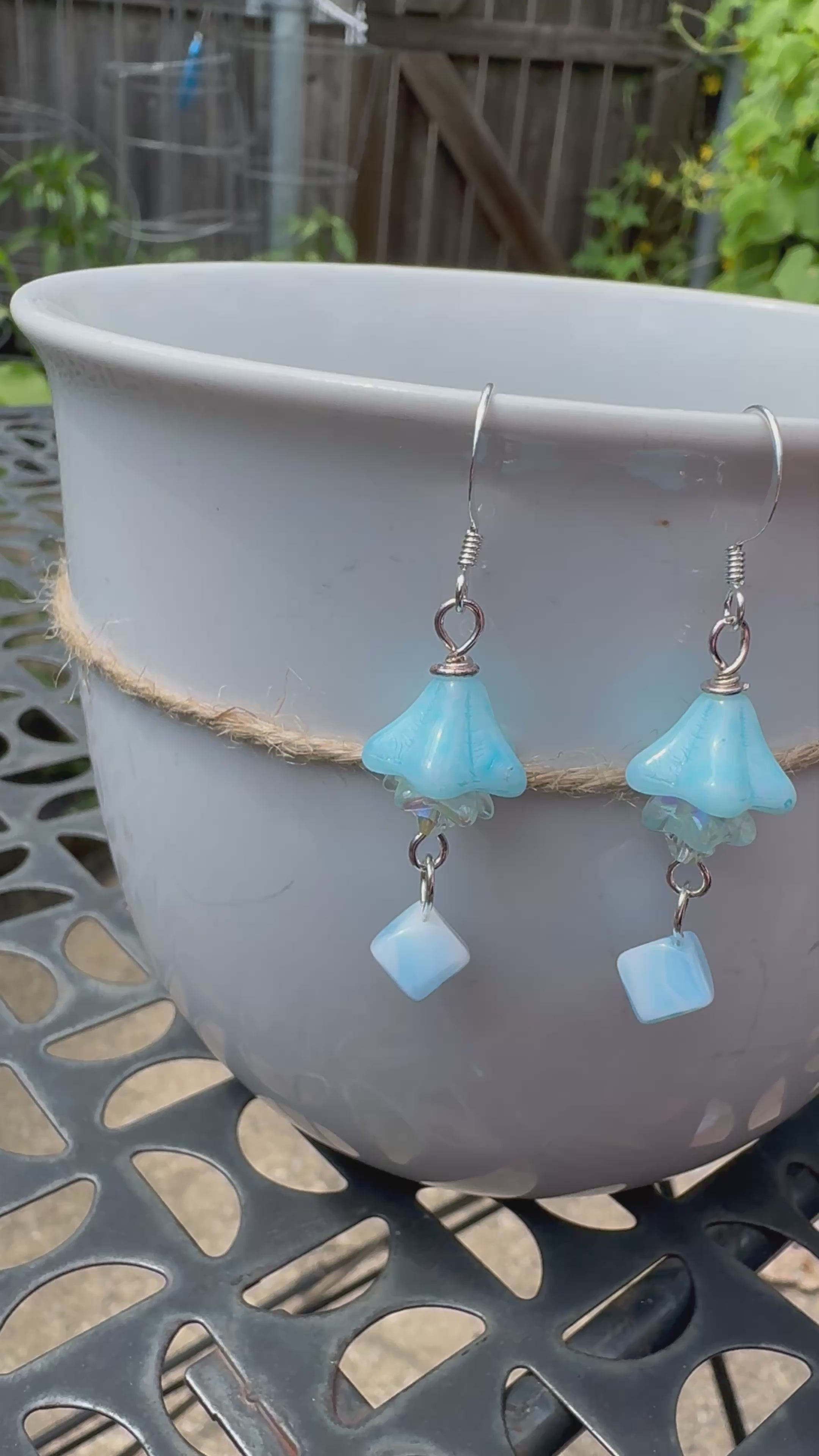 Czech Glass Light Blue Bell Flower Earrings – Handmade Floral Dangle with Rare Cube Bead | Hypoallergenic Garden Jewelry Gift for Her