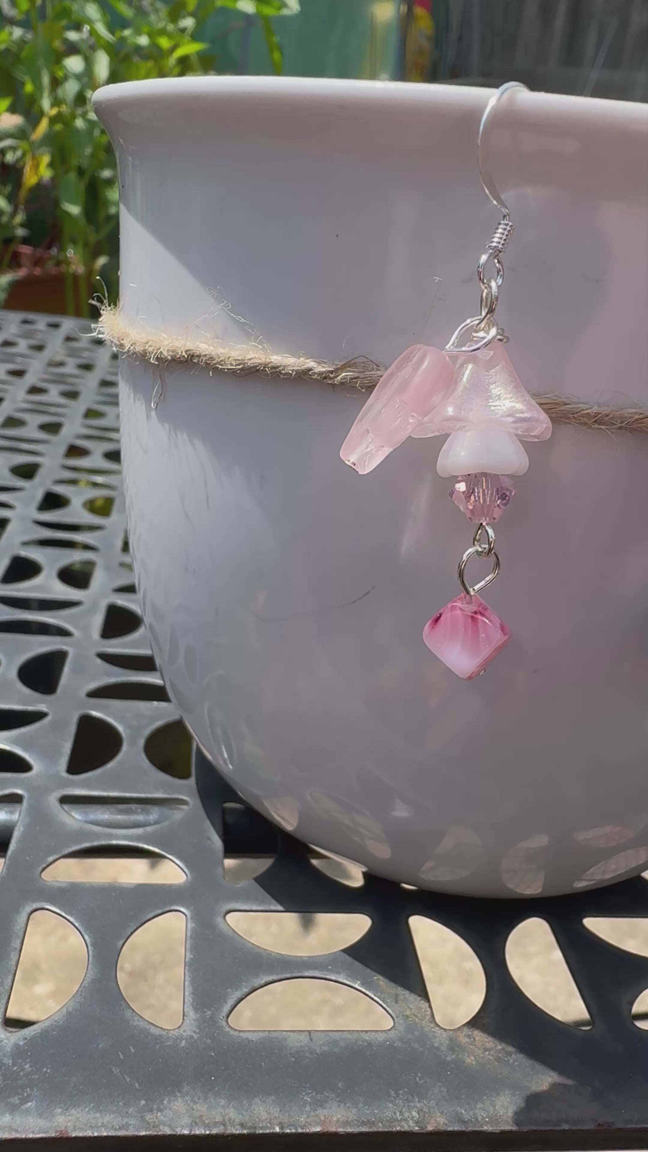 Czech Glass Pink Bellflower Earrings – Handmade Floral Dangle with Rare Pink Cube Bead | Romantic Garden Jewelry Gift for Her