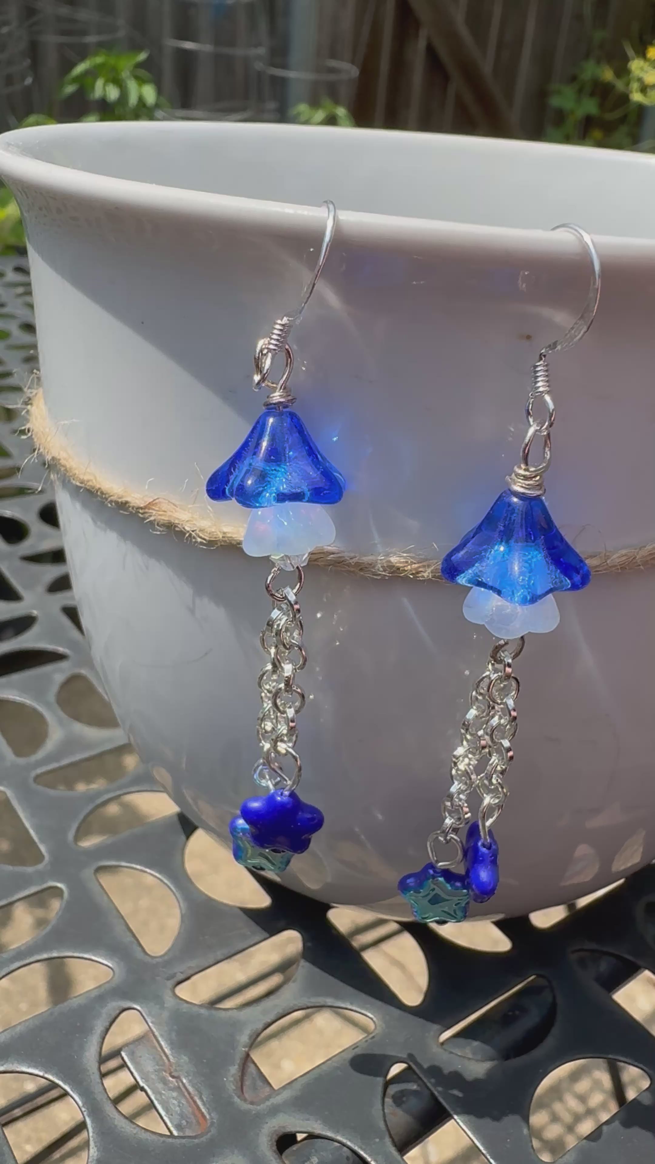 Czech Glass Cobalt Blue Bellflower Earrings – Handmade Floral Star Dangle Earrings | Celestial Nature-Inspired Gift for Her